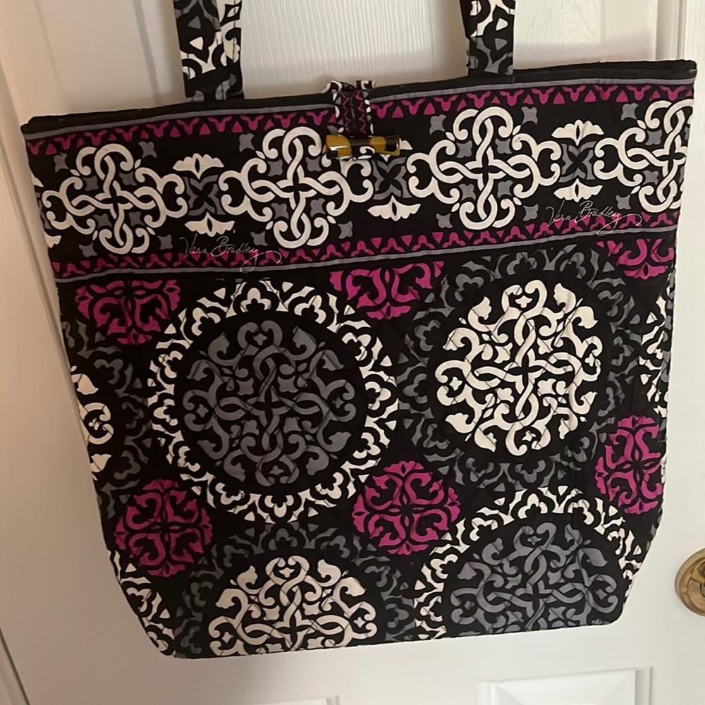 Vera Bradley Large Tote Bag Pink Black White Quilted Travel Work Bag